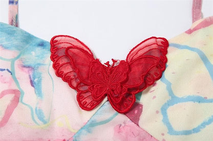 V neck print butterfly applique backless cami top