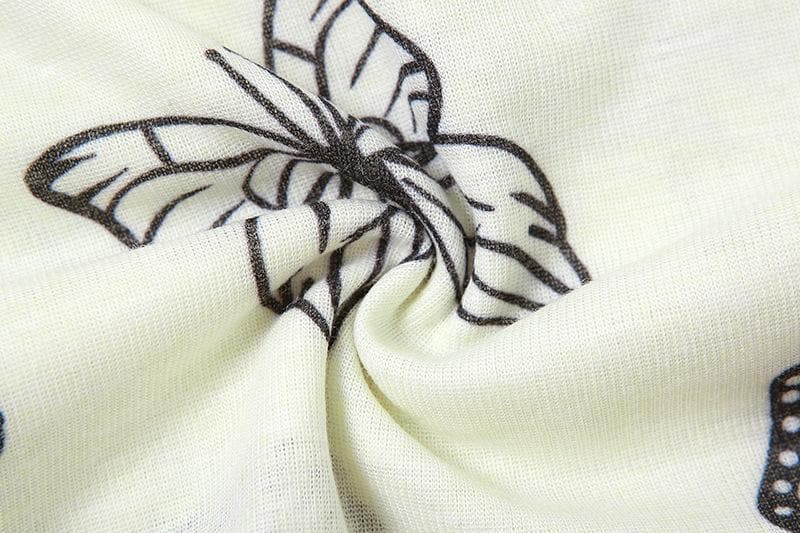 Butterfly print contrast off shoulder halter long sleeve crop top