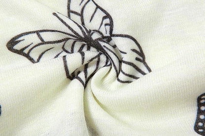 Butterfly print contrast off shoulder halter long sleeve crop top