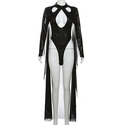 Long sleeve high neck PU leather hollow out mesh bodysuit-final-sale