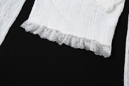 Textured solid long sleeve metal chain lace hem off shoulder top