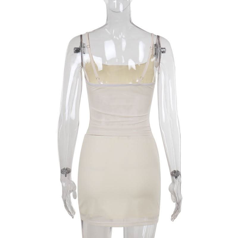 U neck beaded flower pattern mesh cami mini skirt set