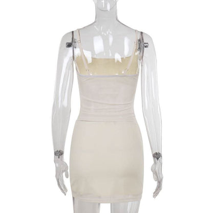 U neck beaded flower pattern mesh cami mini skirt set