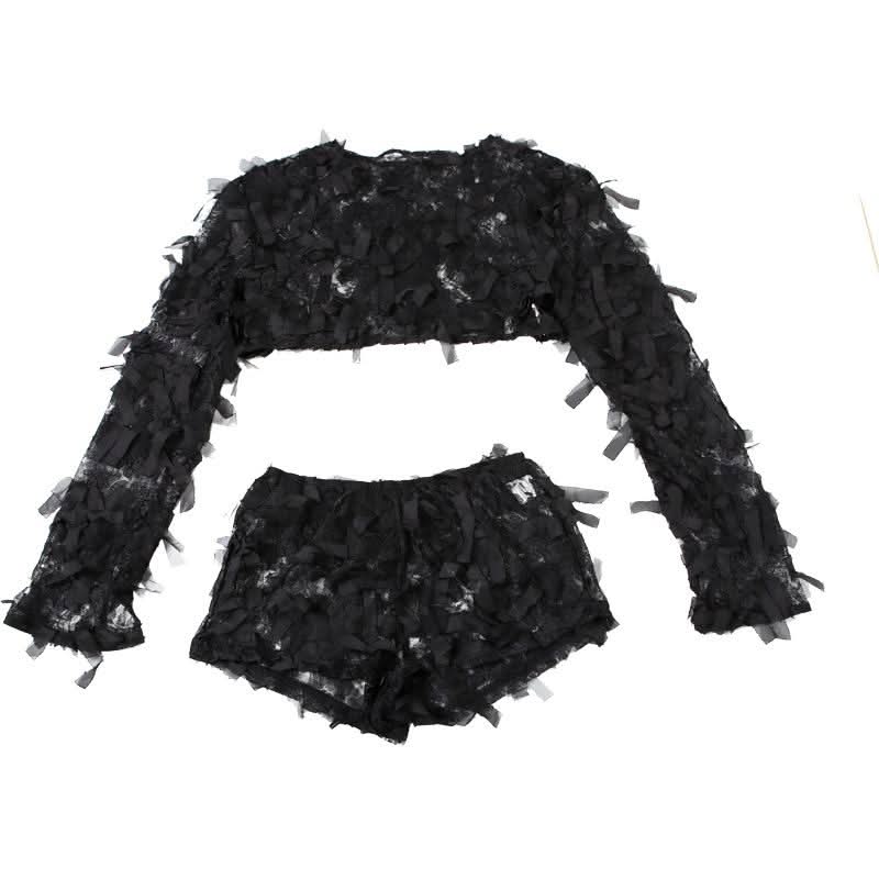 Long sleeve mesh ruffle crop short pant set