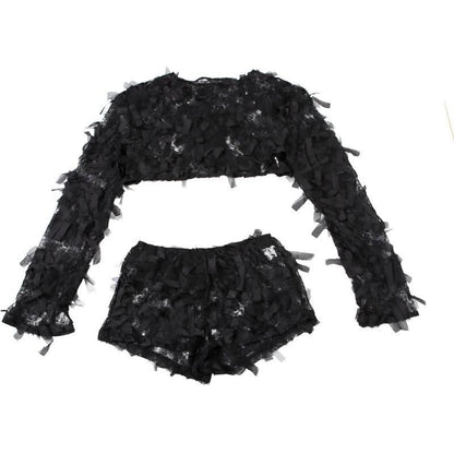 Long sleeve mesh ruffle crop short pant set