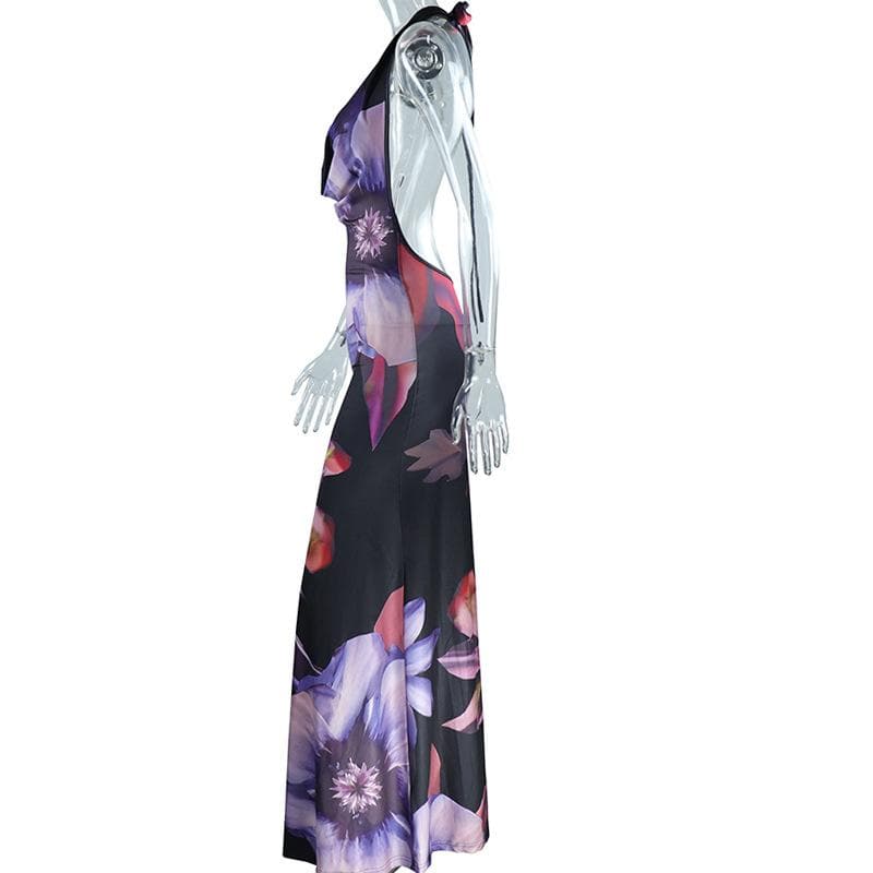 Halter cowl neck backless flower print maxi dress