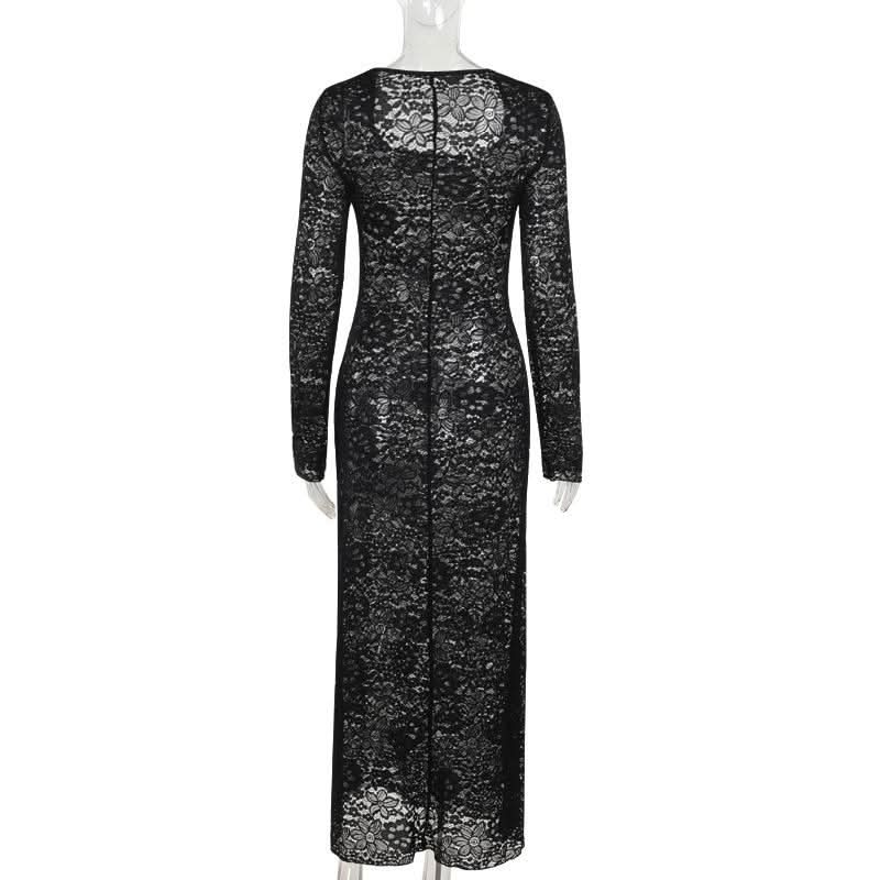 Long sleeve u neck lace slit maxi dress