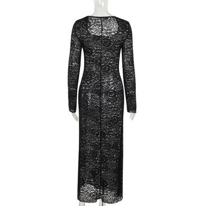 Long sleeve u neck lace slit maxi dress