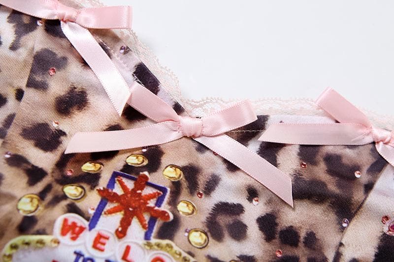 Bowknot leopard print lace hem backless tube top