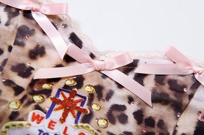 Bowknot leopard print lace hem backless tube top