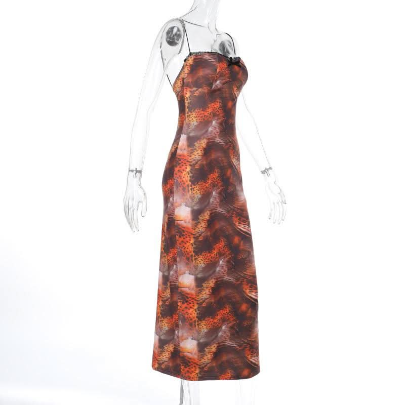 Slit leopard print bowknot lace hem cami midi dress