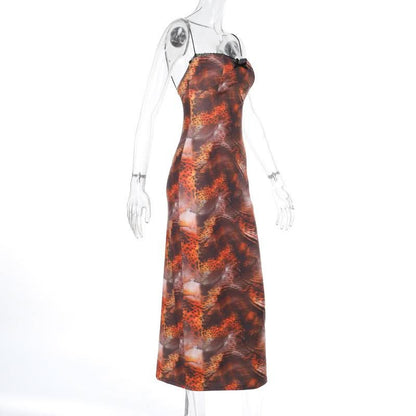 Slit leopard print bowknot lace hem cami midi dress
