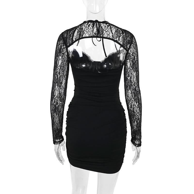 Long sleeve lace hollow out ruched self tie cut out mini dress