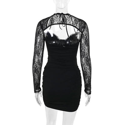 Long sleeve lace hollow out ruched self tie cut out mini dress