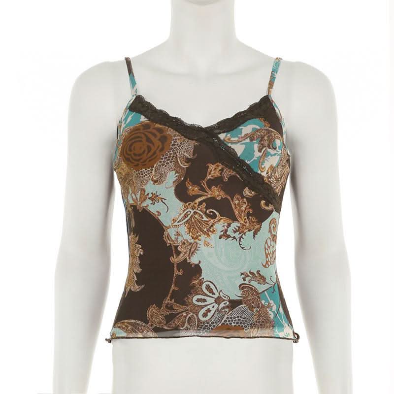 V neck lace hem flower print cami top