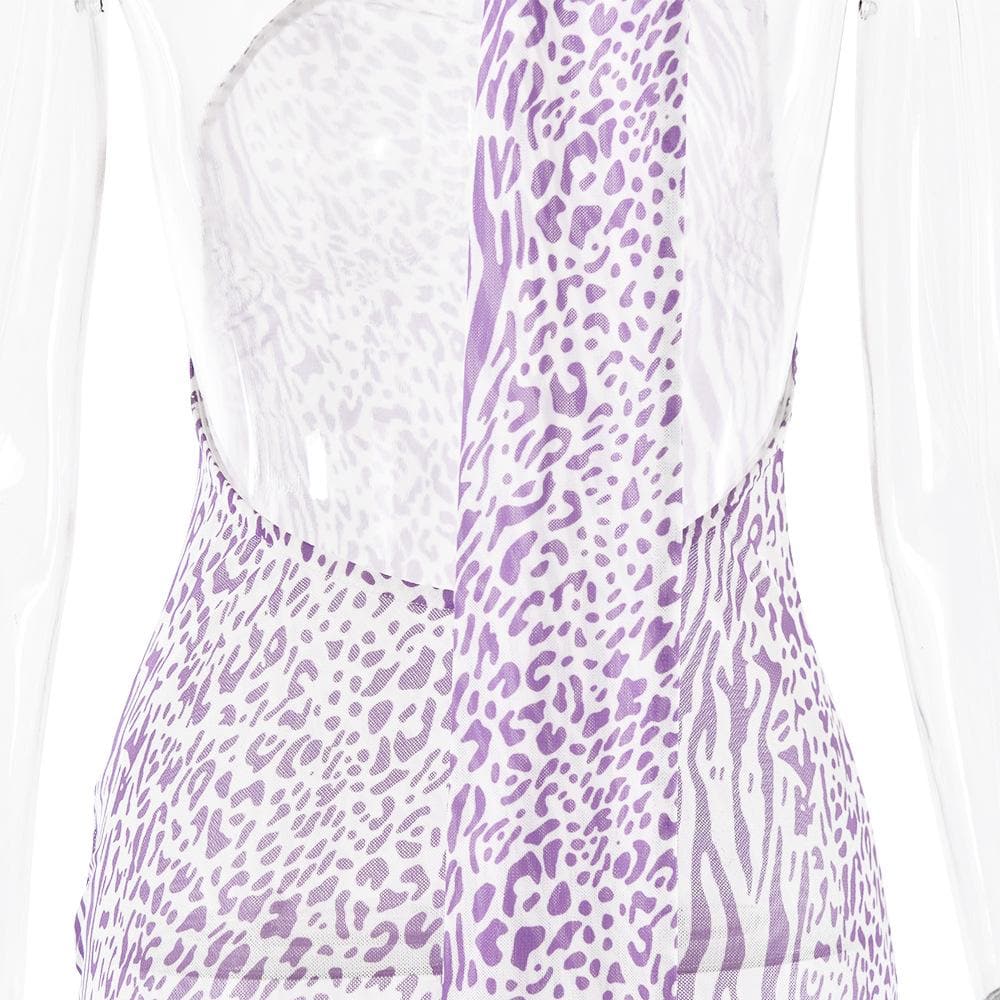 Halter one shoulder leopard print sheer mesh maxi dress