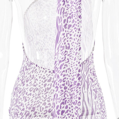 Halter one shoulder leopard print sheer mesh maxi dress