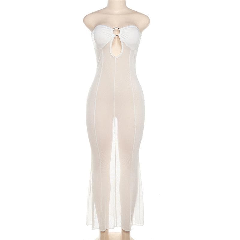 Mesh see through o ring hollow out backless tube cut out maxi dress