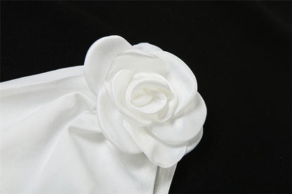 Flower applique one shoulder solid backless ruched irregular crop top