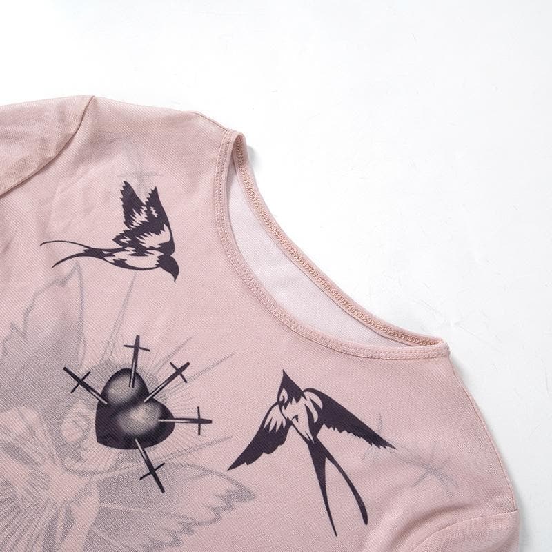 Long sleeve angel print sheer mesh crewneck top