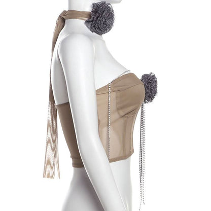 Beaded metal chain flower applique mesh tube top