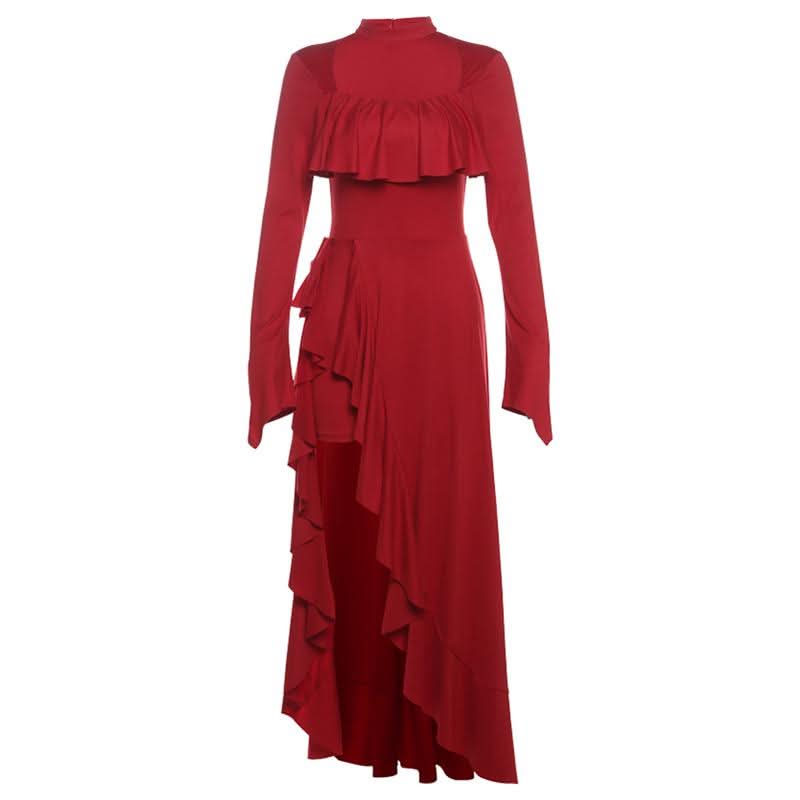 Long sleeve zip-up irregular ruffle square neck maxi dress