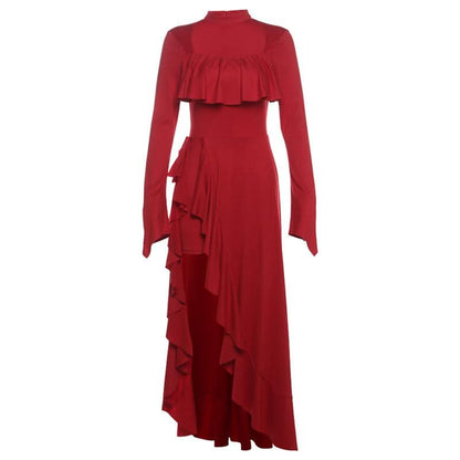 Long sleeve zip-up irregular ruffle square neck maxi dress