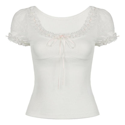 Short puff sleeve bowknot ruffle ribbed top