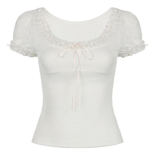 Short puff sleeve bowknot ruffle ribbed top