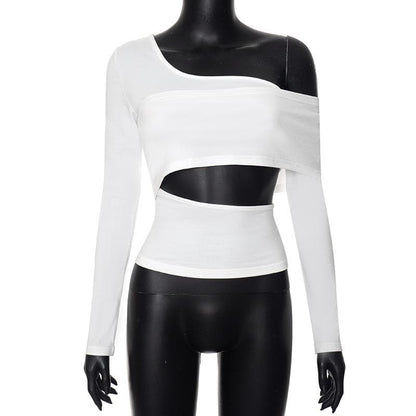 Long sleeve one shoulder hollow out solid irregular backless cut out top