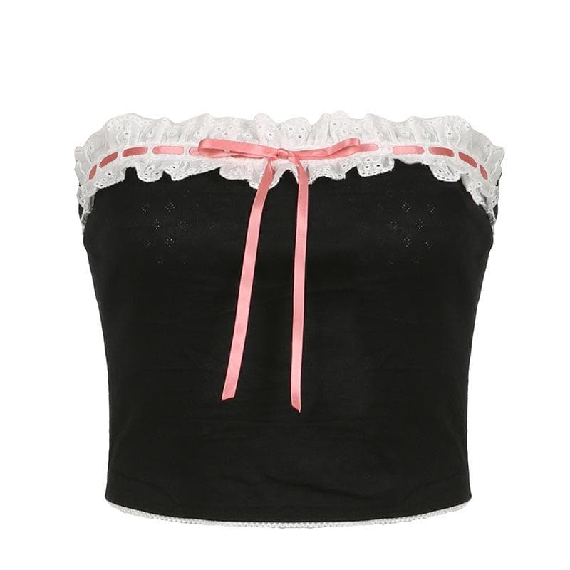 Contrast stitch lace hem self tie backless tube crop top