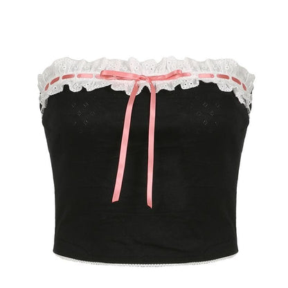 Contrast stitch lace hem self tie backless tube crop top