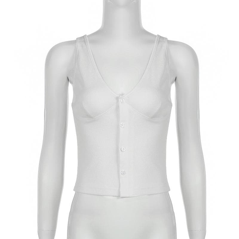 Sleeveless v neck button solid top