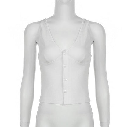 Sleeveless v neck button solid top