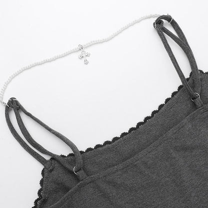 Print lace hem beaded backless cami top