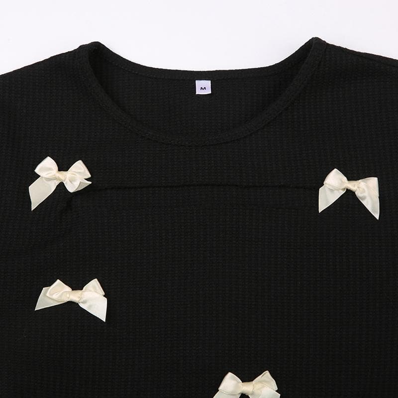 Bowknot long sleeve hollow out lace up contrast cut out top