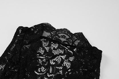 Deep v neck lace gloves see through romper