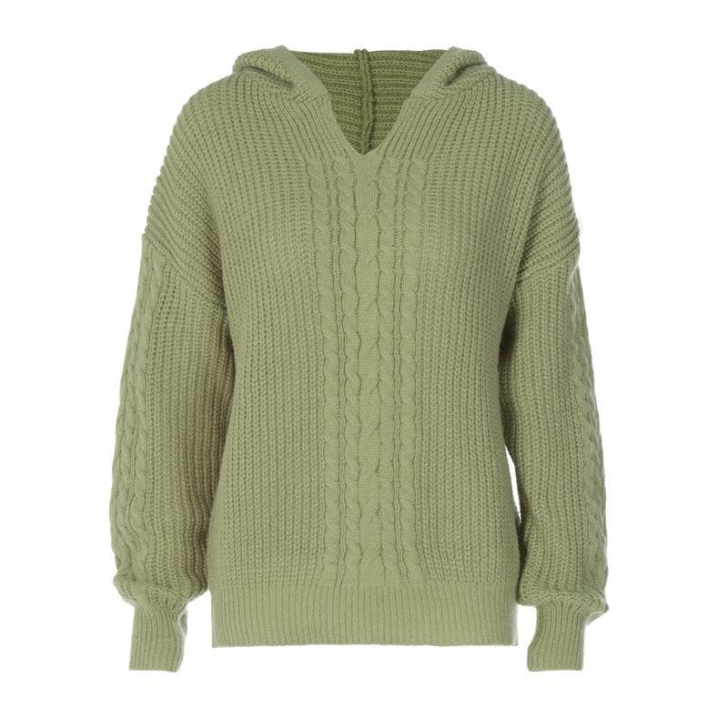 Hoodie long sleeve knitted solid v neck top