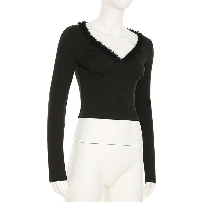Long sleeve v neck ruffle button top