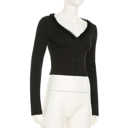 Long sleeve v neck ruffle button top