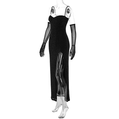 High slit gloves glitter sweetheart neck cami maxi dress-final-sale