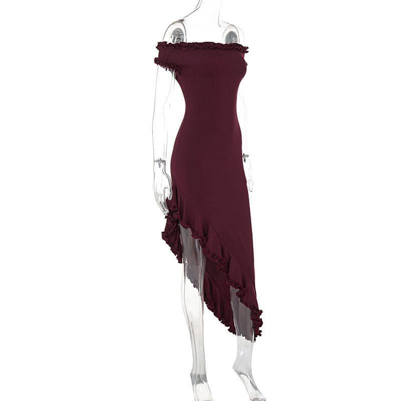 Short sleeve off shoulder ruffle irregular midi dress