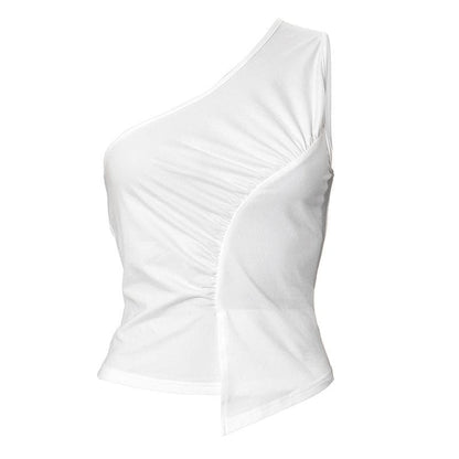 One shoulder ruched irregular solid backless top