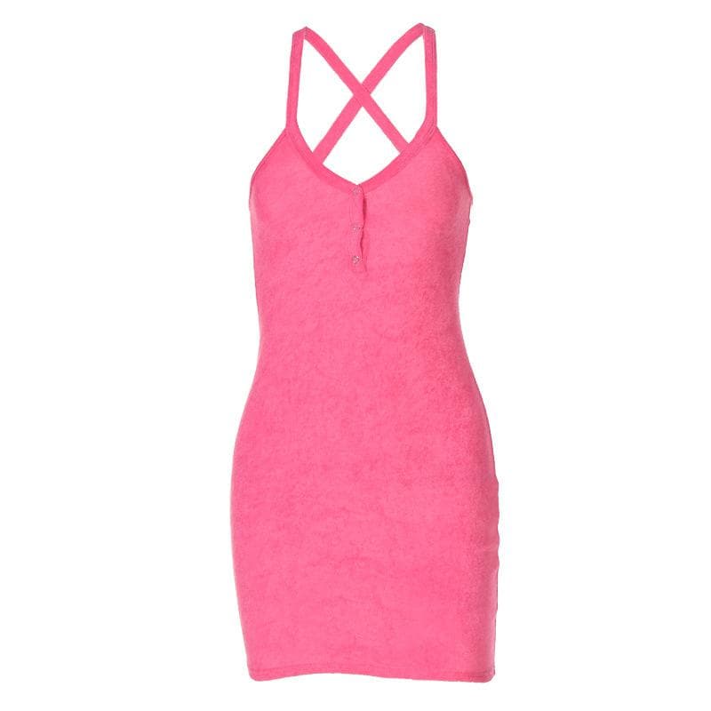 Deep V Cross Back Button Front Textured Mini Dress