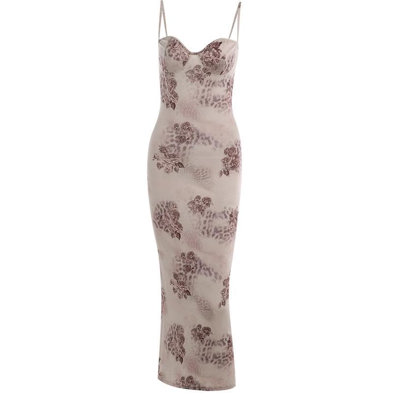 Floral Spotted Print Sweetheart Bustier Spaghetti Strap Bodycon Maxi Dress