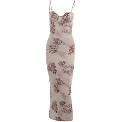 Floral Spotted Print Sweetheart Bustier Spaghetti Strap Bodycon Maxi Dress
