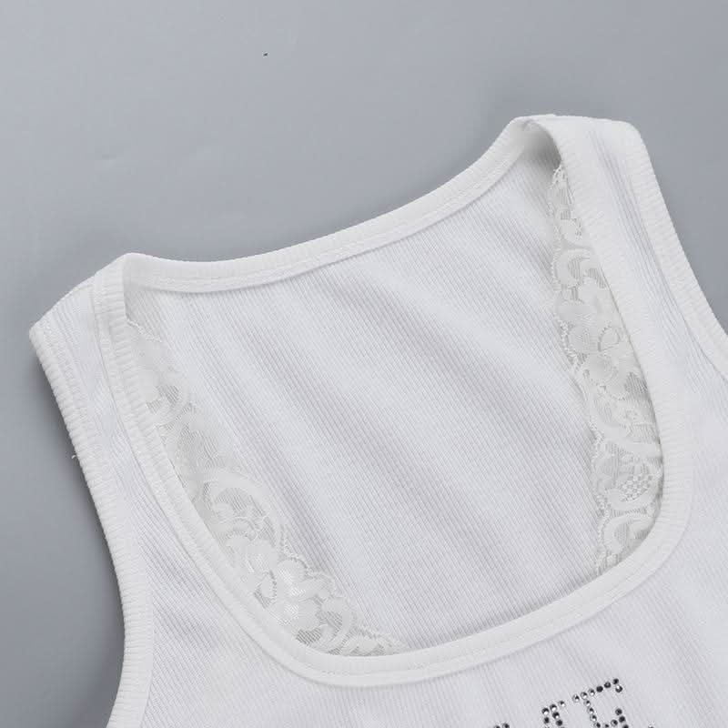 U neck "ME" beaded lace hem tank top