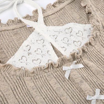 Bowknot contrast halter patchwork ruffle long sleeve top