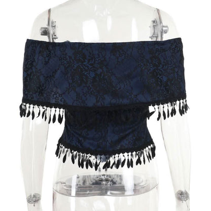 Off shoulder bowknot tassels lace top