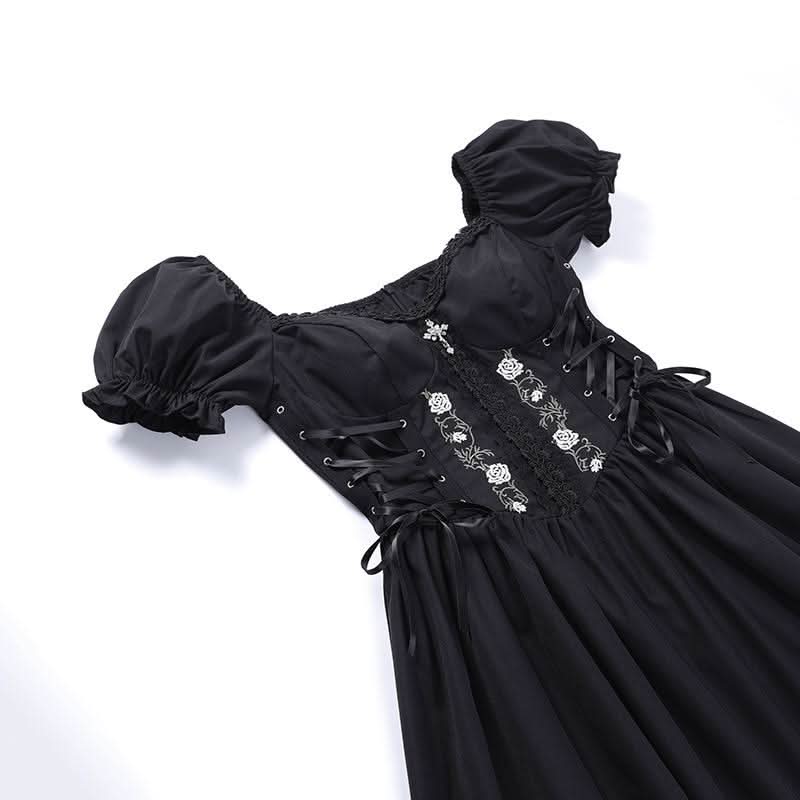 Puff sleeve short sleeve embroidery mini dress
